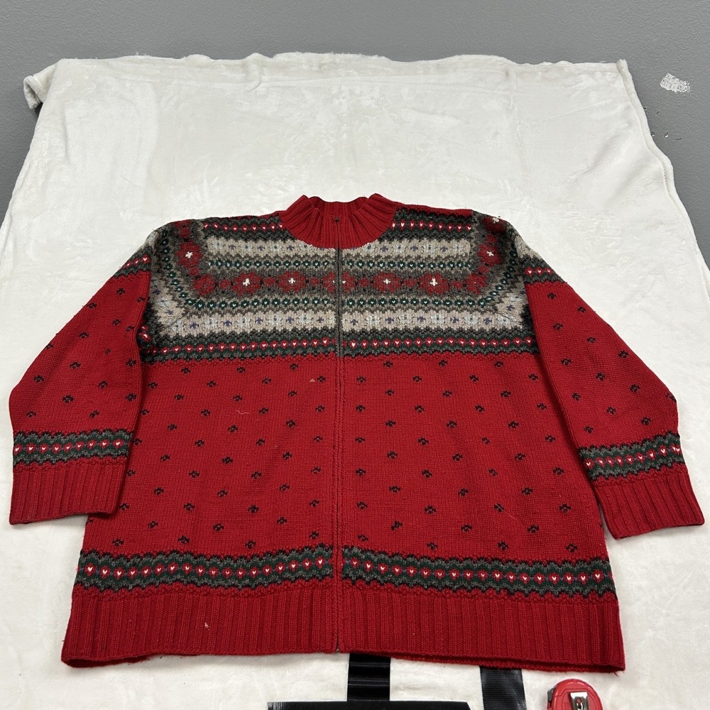 Lauren Ralph Lauren Cardigan Sweater Women 3XL Red Fair Isle Hand Knit Lambswool